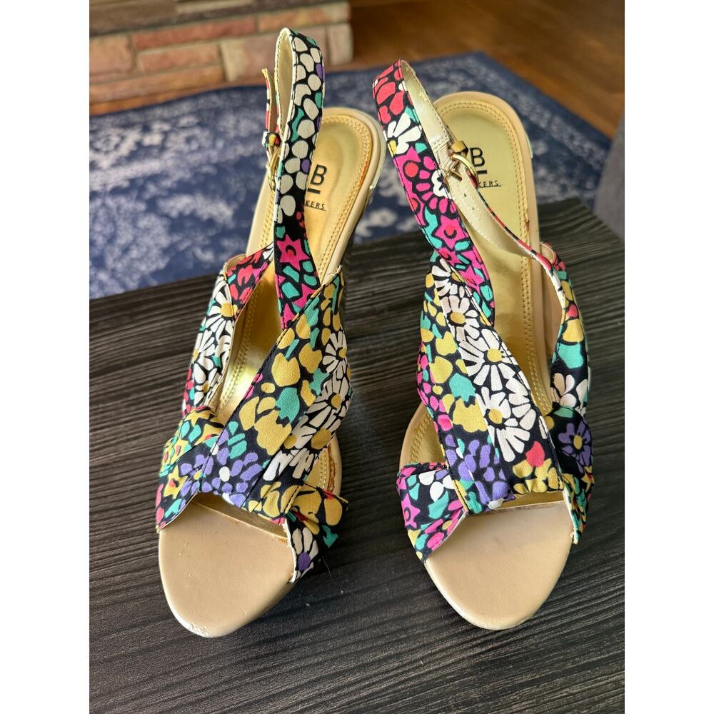 Vintage Baker KARAN Flower Power Gold Heel Platform Heels Sz. 9.5